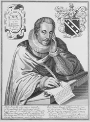 Retrato de Sir Thomas Overbury (1581-1613) escribiendo su epitafio, grabado por Renold Elstrack (1571-c.1630) 1613